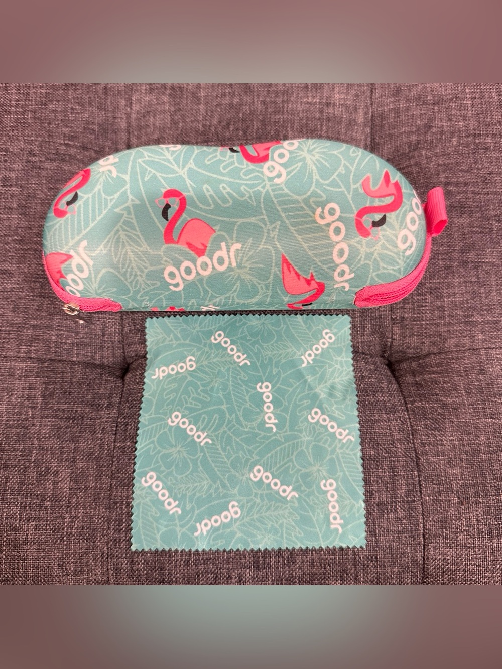 Goodr Sunglasses Case with Matching Teal & Pink Flamingo Cleaning Cloth